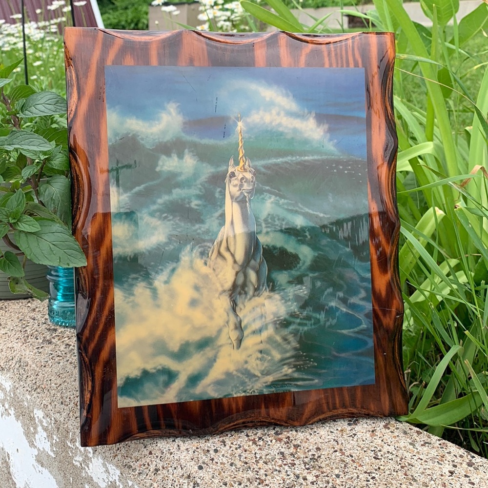 Lacquered solid Wooden unicorn / ocean art by Sue Dawe 1982 Wall decor